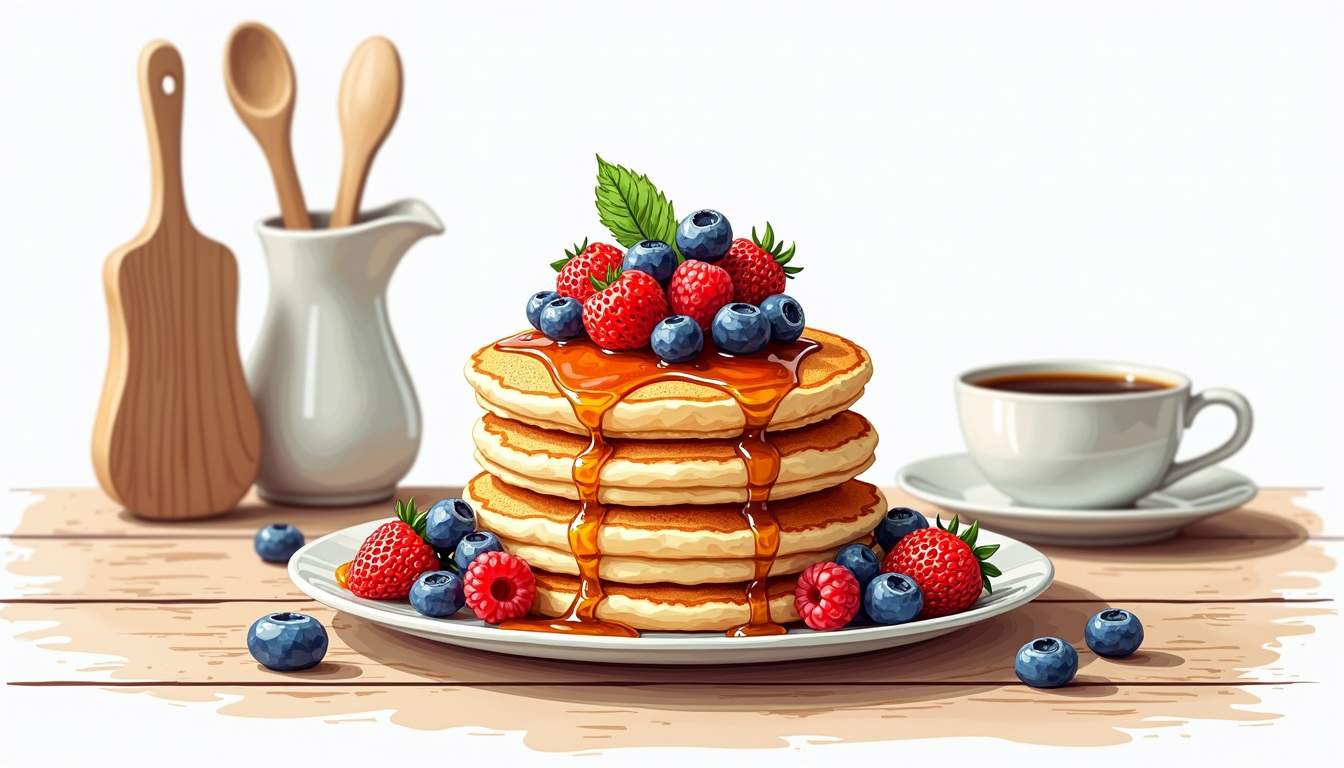 A stack of fluffy pancakes drizzled with syrup